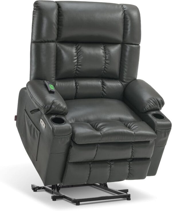MCombo Dual Motor Power Lift Recliner Chair for Elderly, Lay Flat Lift Chair with Heat and Massage, Oversized Lift Recliner for Big and Tall, Faux Leather R7891 (Grey, Oversized)