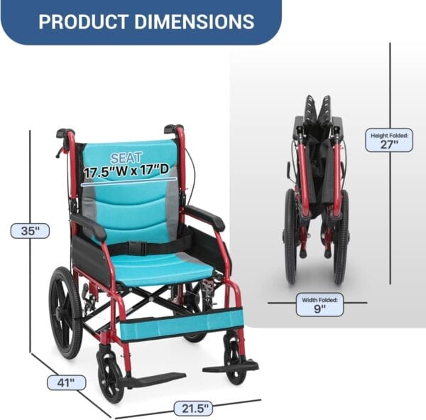 Folding Transport Wheelchair with Removable Cushion and Loop-Lock Handbrakes Wheel Chair for Adults, 17.5 inch Seat User-Friendly Lightweight Foldable Chair for Storage and Travel Use, 250lbs - Image 2