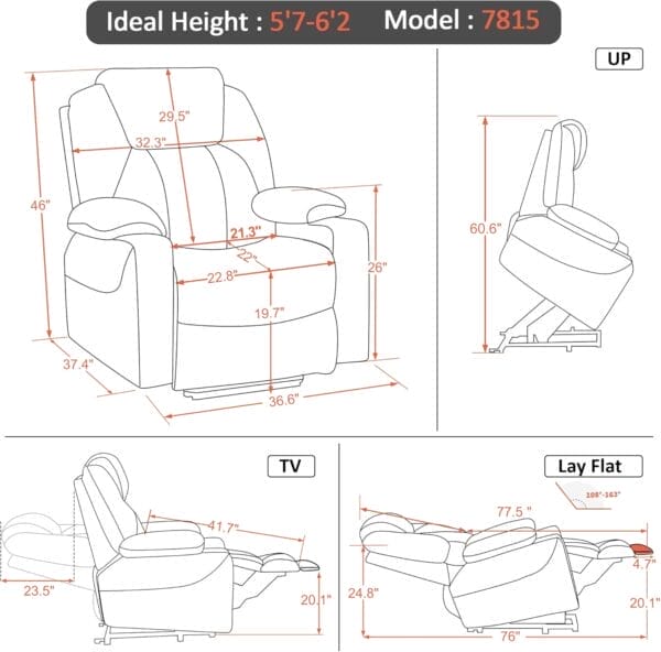 MCombo Large Lay Flat Dual Motor Power Lift Recliner Chair Sofa with Massage and Heat, USB Ports, Extended Footrest, for Elderly People, Infinite Position, Faux Leather 7815 (Cream White) - Image 3