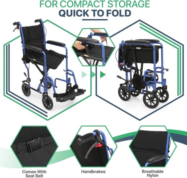 Magshion Lightweight Transport Wheelchair for Adults 250 Lbs, Portable Folding Transport Chair for Seniors with Push-to-Lock & Hand Brakes, Compact 16" Seat (Blue Frame) - Image 9