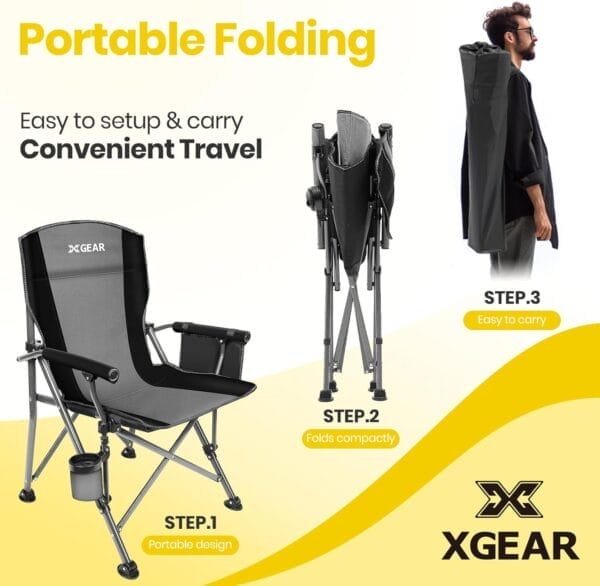 XGEAR Portable Camping Chairs for Adults with Padded Hard Armrest, Sturdy Folding Camping Chair with Cup Holder, Storage Pockets Carry Bag Included, Support to 300 lbs(Grey) - Image 8