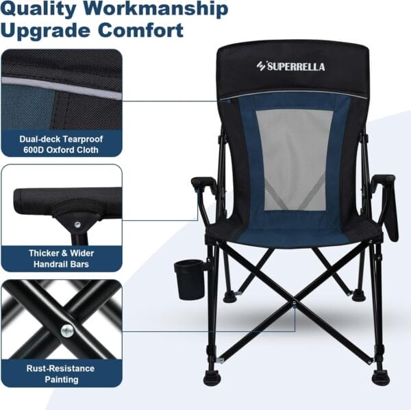 Camping Chair Portable Folding Lawn Chair Comfortable Hard Arm Sturdy for Family Camp, Outdoor, Sports, Beach, Travel, Support 400 lbs, Black&Blue - Image 5