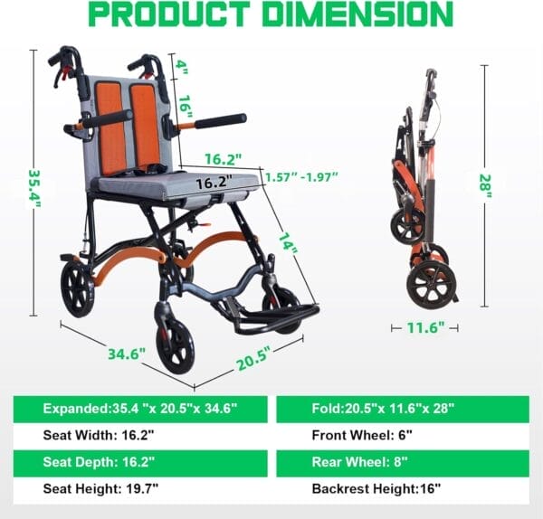 Ultra Lightweight Wheelchairs for Adults 19lbs - Foldable Transport Chair with Safety Belt, Storage Bag & 270° Flip Armrests, 220lbs Capacity, 16" Seat for Travel, Camping, Airplane (Orange) - Image 3