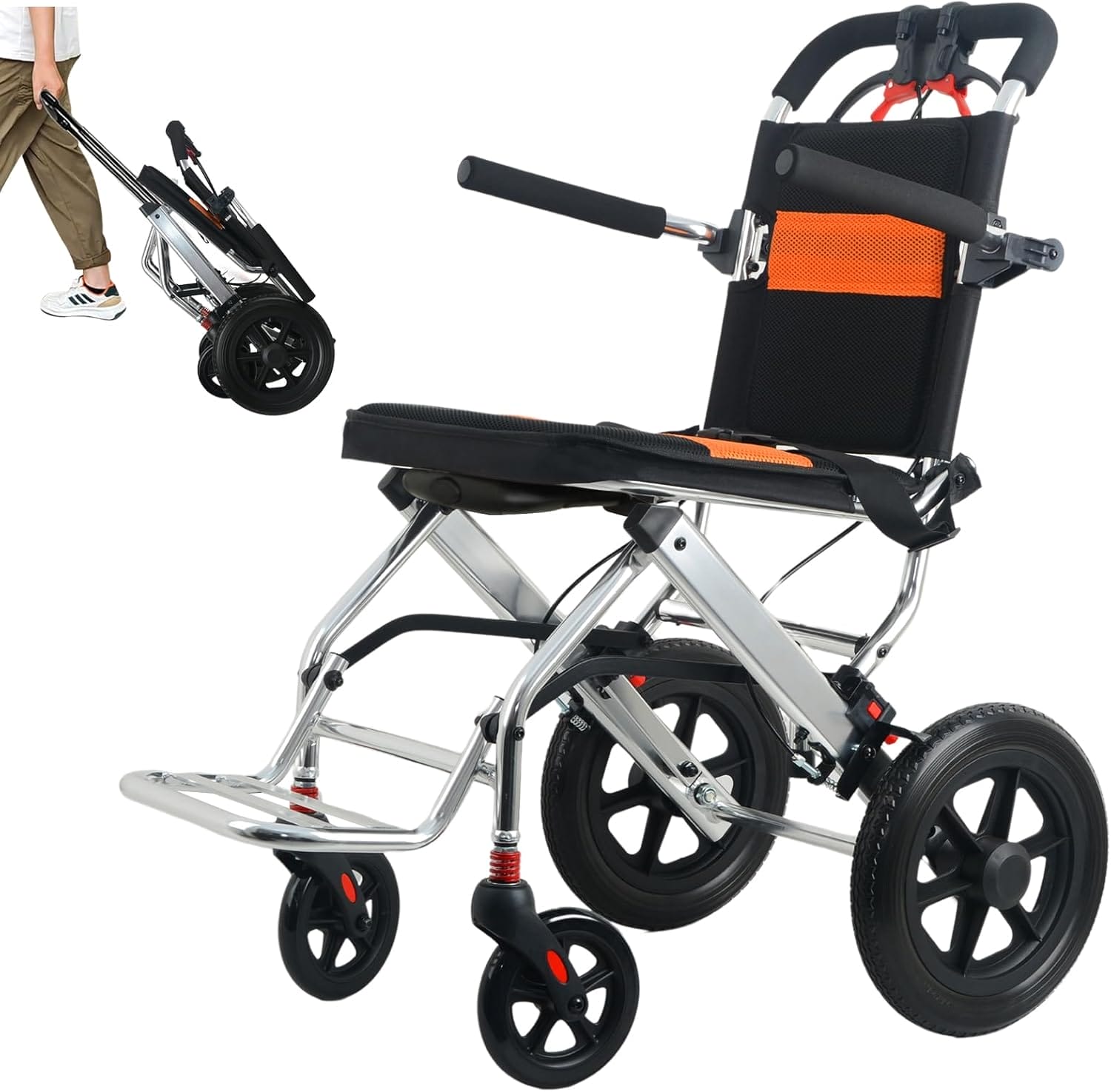 Ultra Lightweight Folding Wheelchair for Adults, 12" Big Rear Tires Transport Wheelchairs, Foldable Portable Travel Wheelchairs for Adults and Seniors Support 220lbs, Airline Approved