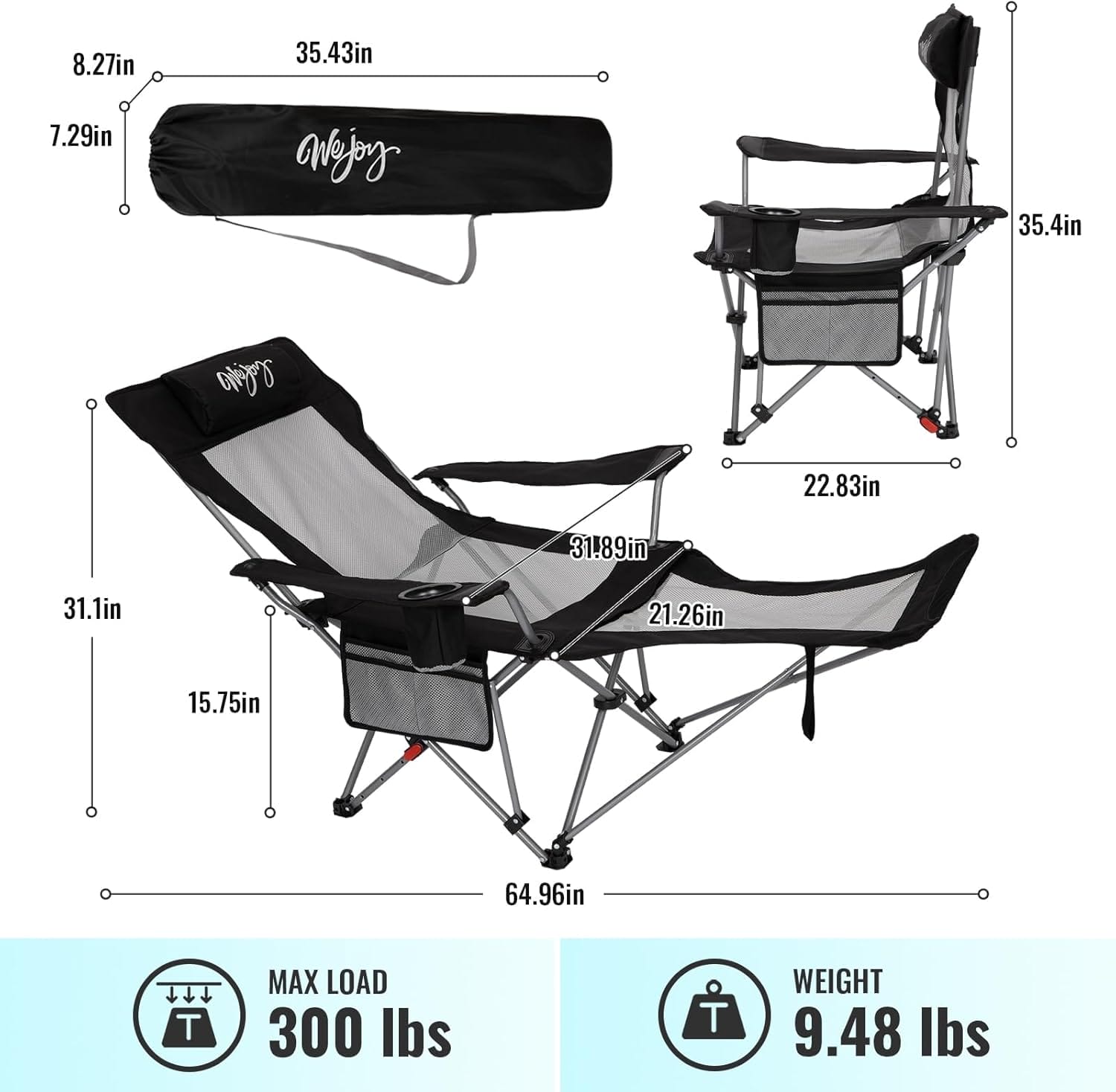 #WEJOY 2-in-1 Reclining Camping Chair with Footrest for Adults Folding Lounge Chair with Adjustable Backrest Lightweight Camping Chairs Heavy Duty Camp Chairs for Outdoor - Image 2