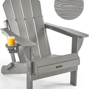 Ciokea Folding Adirondack Chair Wood Texture, Patio Chair Weather Resistant, Plastic Fire Pit Chair with Cup Holder, for Lawn Outdoor Porch Garden Backyard Deck (Grey)