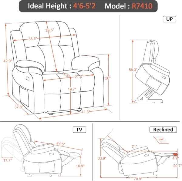 MCombo Small-Wide Power Lift Recliner Chair with Massage and Heat for Petite Elderly People, 3 Positions, 2 Side Pockets, USB Ports, Faux Leather R7410 (Dark Brown, Small-Wide) - Image 3