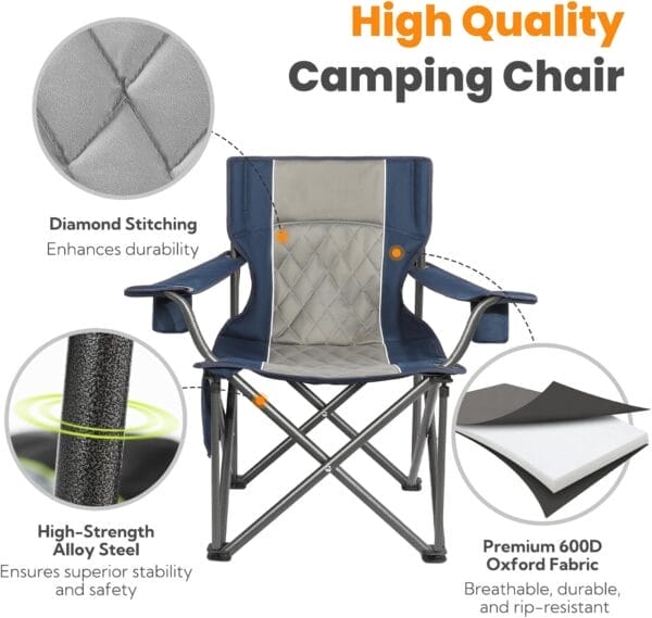 Outdoor Large Camping Chairs for Adults, Heavy Duty Camp Chair Support 800lbs, King Kong Folding Chairs with Padded and Pocket for Outside, Sports, Lawn, Built Durable and Reliable, Blue - Image 5