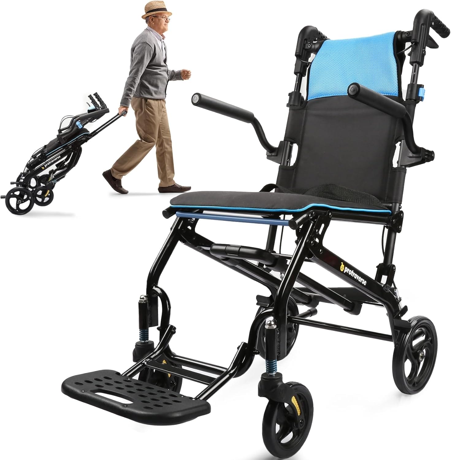 Wheelchairs for Adults,Utral-Lightweight(only 19.4lbs) Transport Chair, Foldable and PortableTravel Wheelchair with Telescopic Handle,Portable Folding Transfer Wheelchairs for Seniors(Blue)