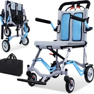 Super Lightweight (Only 19lbs) Portable Transport Travel Wheelchair, Folding Transit Wheelchairs for Adults and Seniors Support 220lbs, Lightweight Aluminum Wheelchair for Elderly Blue