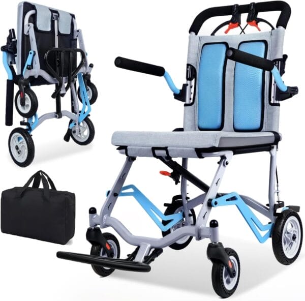 Super Lightweight (Only 19lbs) Portable Transport Travel Wheelchair, Folding Transit Wheelchairs for Adults and Seniors Support 220lbs, Lightweight Aluminum Wheelchair for Elderly Blue