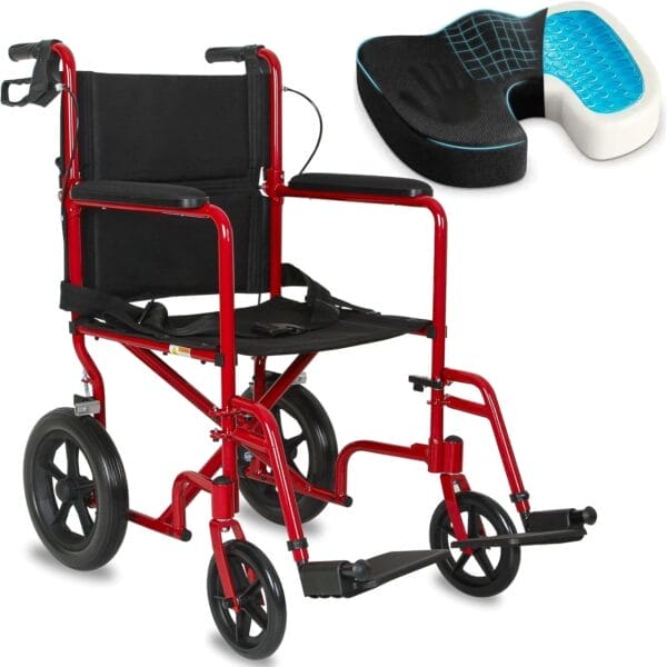Wheelchairs for Adults, Transport Wheelchair with Gel Enhanced Seat Cushion, Handbrakes, 12" Universal Wheels, Lightweight Foldable Walkers for Seniors Adults (Red)