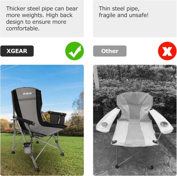 XGEAR Portable Camping Chairs for Adults with Padded Hard Armrest, Sturdy Folding Camping Chair with Cup Holder, Storage Pockets Carry Bag Included, Support to 300 lbs(Grey) - Image 6