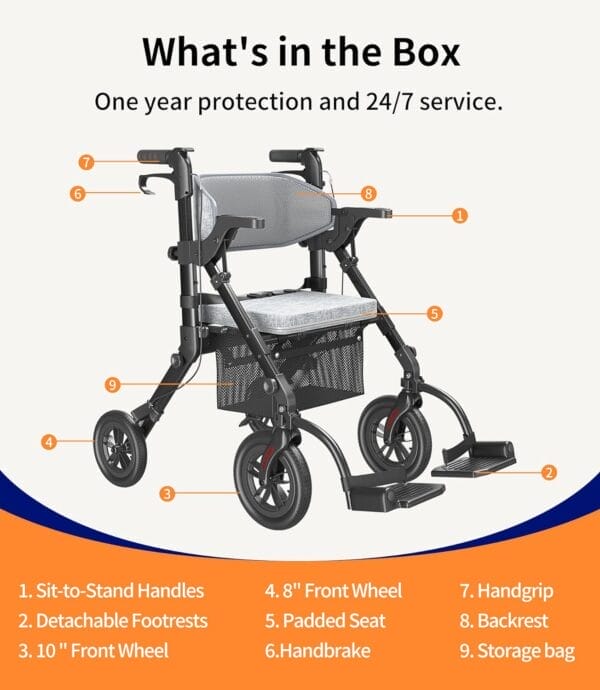 Rollator-Walkers-for-Seniors-with-Seat, Walker Wheelchair Combo, Transport-Wheelchair-Lightweight-Foldable, Adult Walkers All Terrain, 2 in 1 Rolling Walker Chair with Brakes & Pouch-2024 New - Image 9