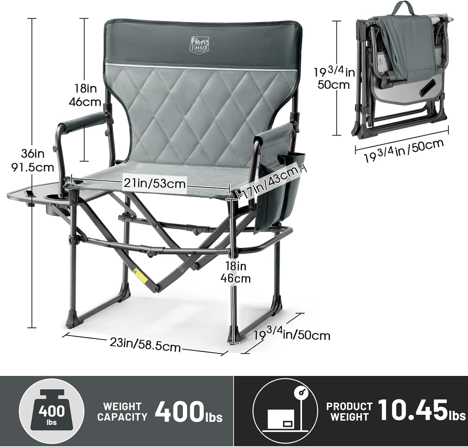 TIMBER RIDGE Aluminum Camping Directors Chair with Side Table Pocket, Portable Folding Chair, Heavy Duty Lawn Chair for Fishing Trip Picnic Concert Outdoor 400lbs, Grey 2 Pack - Image 3
