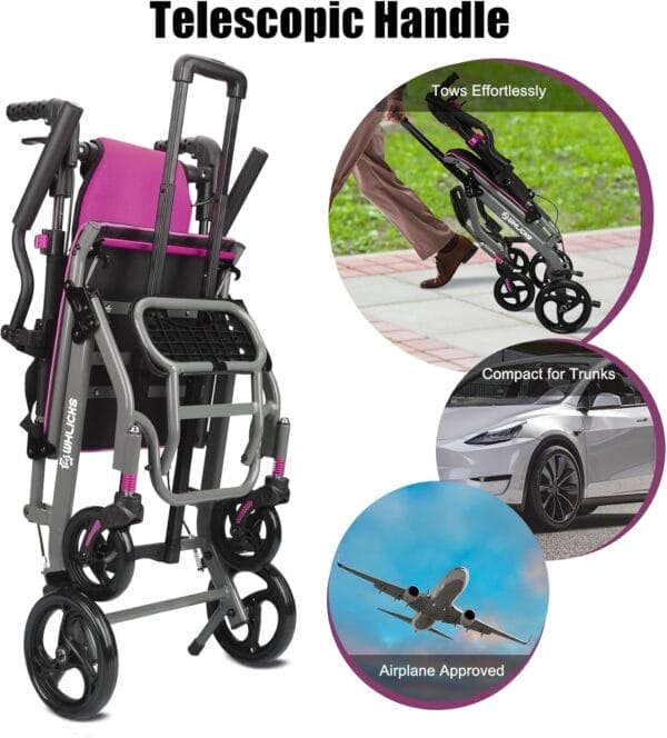 Wheelchairs for Adults Transport Chair Lightweight Foldable with Telescopic Handle, 19.4lbs Portable Folding Travel Wheel Chairs for Seniors - Rose Red - Image 2