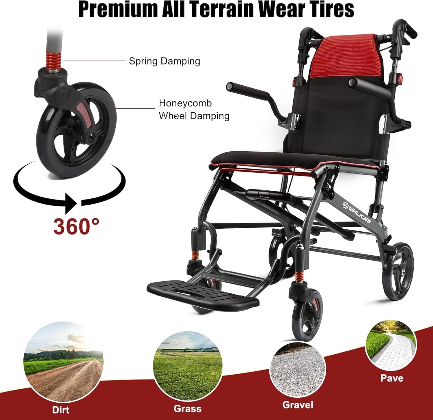 Wheelchairs for Adults Transport Chair Lightweight Foldable with Telescopic Handle, 19.4lbs Portable Folding Travel Wheel Chairs for Seniors - Red - Image 4