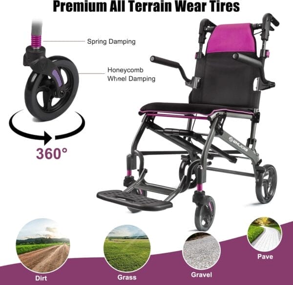 Wheelchairs for Adults Transport Chair Lightweight Foldable with Telescopic Handle, 19.4lbs Portable Folding Travel Wheel Chairs for Seniors - Rose Red - Image 4
