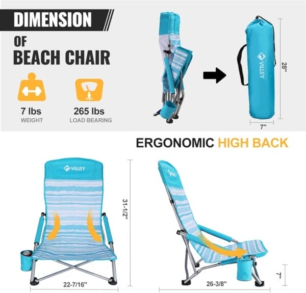 VILLEY Low Beach Chairs for Adults 2 Pack, High Back Folding Beach Chairs, Lightweight and Portable for Outdoor, Beach, Camping, Lawn, Music Festival, with Cup Holder and Carry Bag-Blue Stripes - Image 2