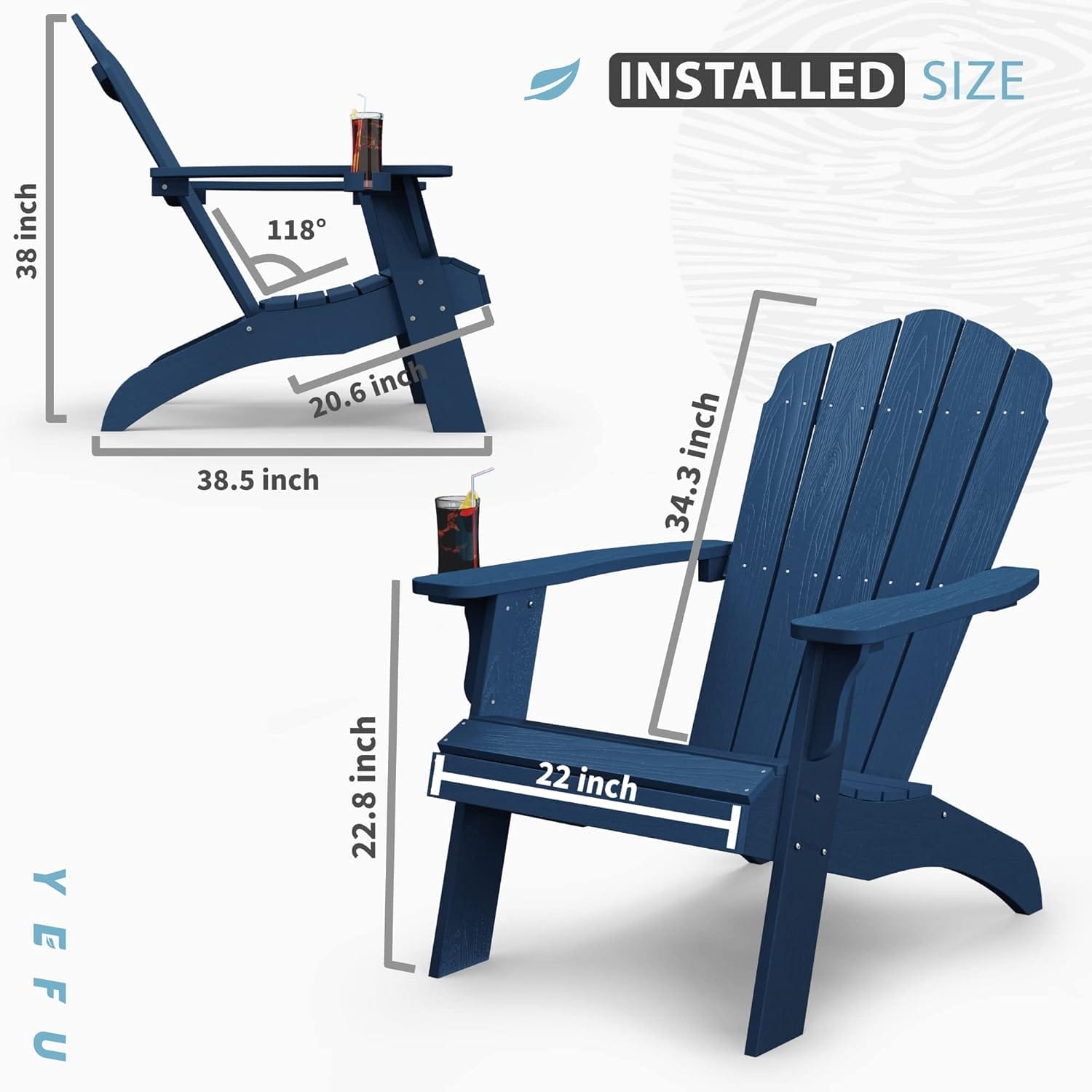YEFU Oversized Adirondack Chair with Cup-Holder,Plastic Outdoor Fire Pit Chair, Weather Resistant, Poly Lumber Chair, Used in Patio, Lawn, Deck,Heavty Duty,Weight Capacity 400lbs-Navy Blue - Image 3