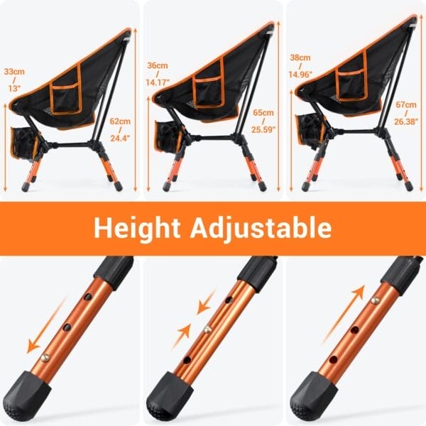 Sportneer Camping Chairs: 3 Heights Adjustable Folding Chairs for Outside with 2 Side Pockets - Compact & Portable Lawn Chairs for Backpacking, Camping, Hiking, Picnic and Travel (2, Orange) - Image 3