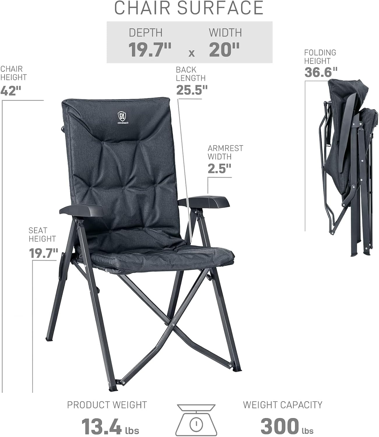 EVER ADVANCED Folding Camping Recliner Chair Fully Padded with Adjustable High Back Support Portable for Adults Patio Reclining Chair, Black - Image 2
