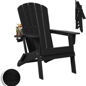 Folding Adirondack Chair, SGS Tested, Wooden Textured with Cup Holder, Heavy All-Weather HDPE Comfortable Set Poolside Backyard Lawn Black