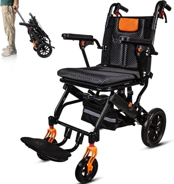 20LBS Ultra-Light Foldable Transport Wheelchair for Adults - Carbon Fiber Coating, 10” PU Tires, Pull Rod, Lightweight & Portable for Travel & Daily Use