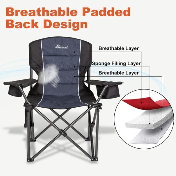 Romswi Oversized Camping Chairs,Heavy Duty Support 500 LBS,Padded Back & Arm Sport Chairs, Cup Holder Cooler Bag, Collapsible Folding Chairs for Outdoor, Fishing & Garden - Image 3