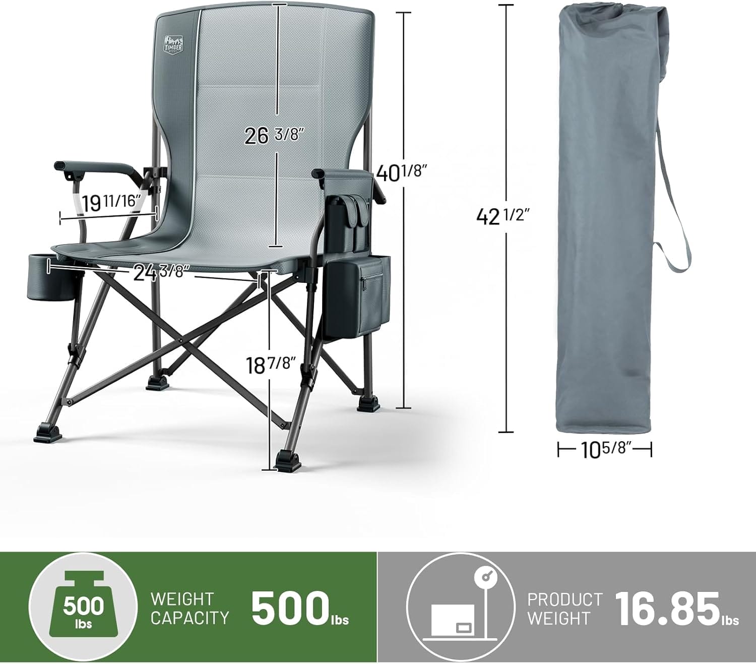 TIMBER RIDGE Oversized Folding Camping Chair High Back Heavy Duty for Adults Support up to 500lbs with Cup Holder, Side Pocket Cooler Bag - Image 3