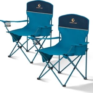 ALPHA CAMP Folding Camping Chairs for Adults Lawn Chairs Outdoor Chairs Support 250 LBS Portable Camp Chairs with Cup Holders Cooler Pouch for Outdoor, 2 Pack (Blue)