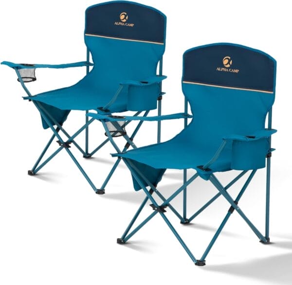 ALPHA CAMP Folding Camping Chairs for Adults Lawn Chairs Outdoor Chairs Support 250 LBS Portable Camp Chairs with Cup Holders Cooler Pouch for Outdoor, 2 Pack (Blue)