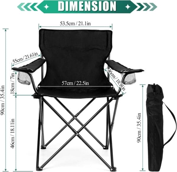 HaSteeL Camping Chair, Oversized Folding Lawn Chair for Adults, Foldable Camp Chair with Cup Holders Portable for Outdoor Fishing, Hiking, Travel, Picnic, Beach, Carrying Bag & Supports 275lbs (Black) - Image 2