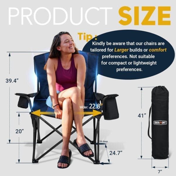 Overmont Oversized Folding Camping Chair - 450lbs Support with Padded Cushion Cooler Pockets - Heavy Duty Collapsible Chairs for Sports Garden Beach Fishing - Image 3
