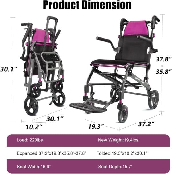 Wheelchairs for Adults Transport Chair Lightweight Foldable with Telescopic Handle, 19.4lbs Portable Folding Travel Wheel Chairs for Seniors - Rose Red - Image 5
