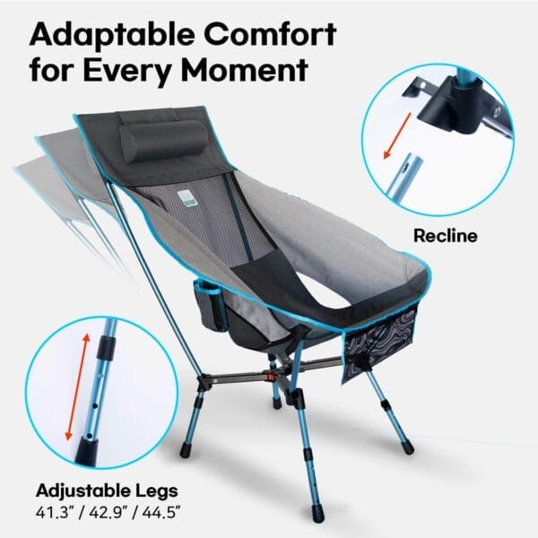 Portable Camping Chair with Adjustable Height, High Back, Pillow, and Side Pocket - Ultralight Foldable Chair for Beach, Backpacking, and Outdoor Adventures - Image 3