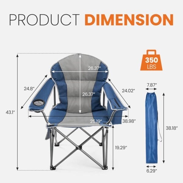 Sweetcrispy Camping Folding Chair, Heavy Duty Support - Foldable Padded Seat with Side Pockets, Cup Holder & Insulated Cooler Bag for Camping, Beach, Fishing, Outdoor Events, Bluegrey - Image 3