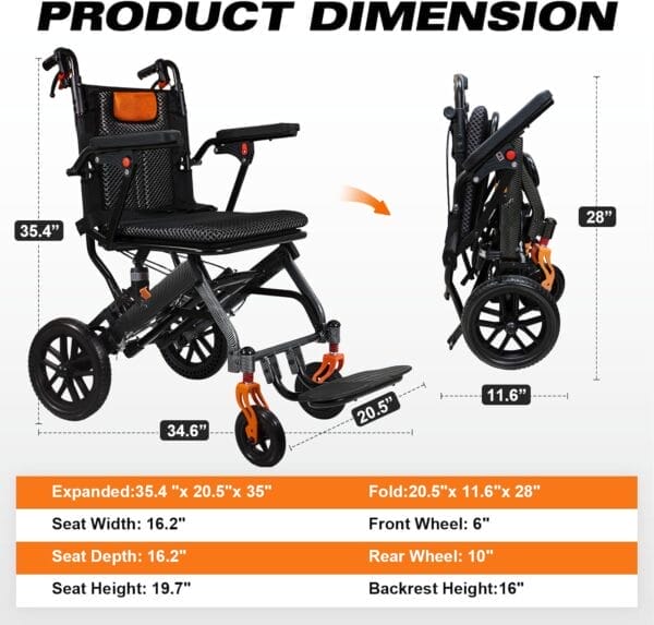 20LBS Ultra-Light Foldable Transport Wheelchair for Adults - Carbon Fiber Coating, 10” PU Tires, Pull Rod, Lightweight & Portable for Travel & Daily Use - Image 3