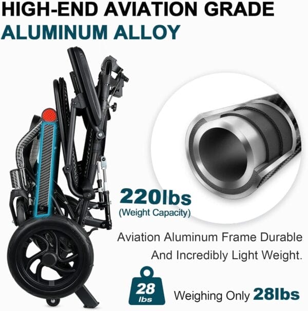 Super Lightweight Reclining Travel Wheelchair, Folding Transit Transport Wheelchairs for Adults and Seniors Support 220lbs, Lightweight Aluminum Wheelchair for Elderly - Image 6