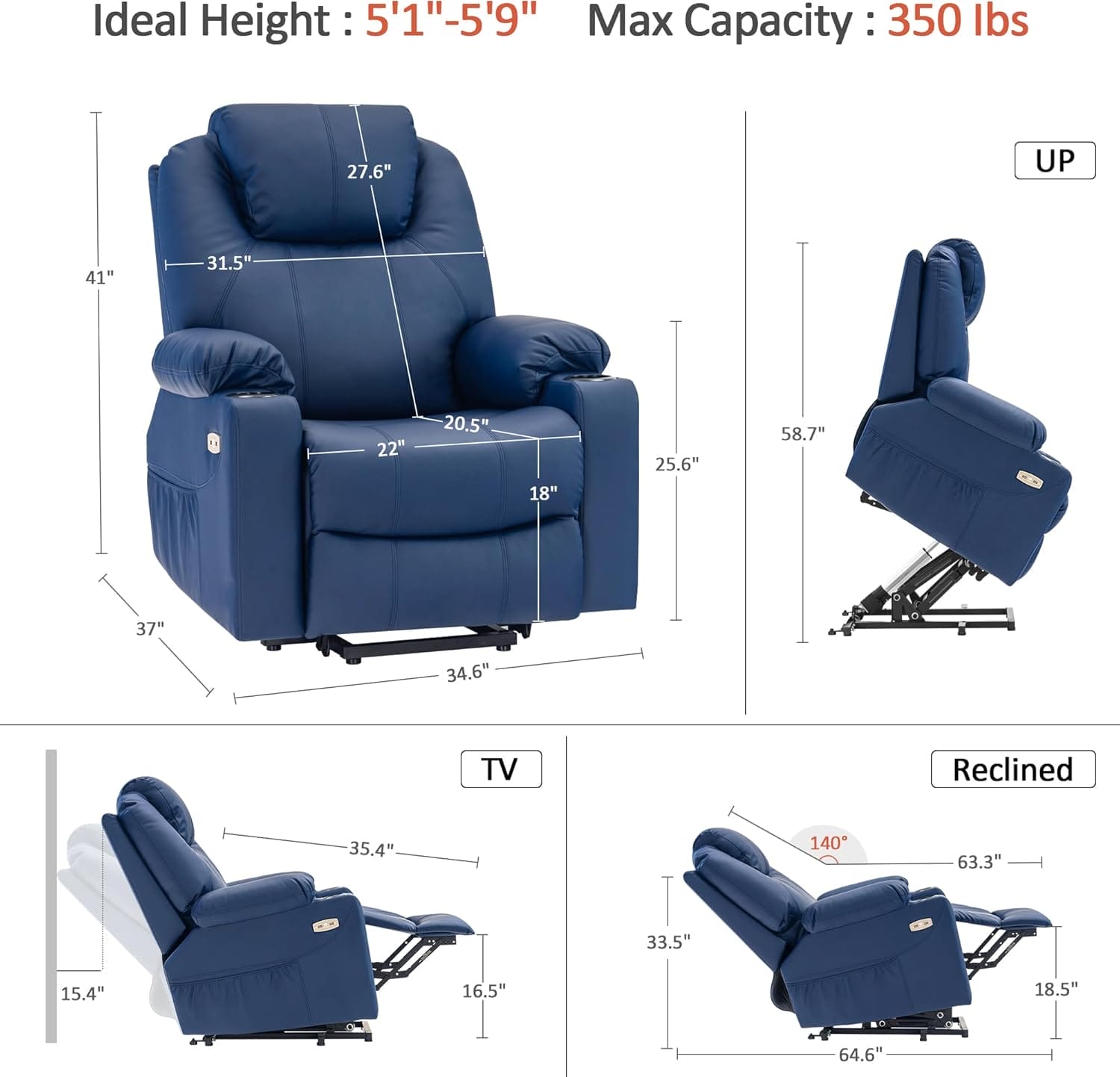 MCombo Electric Power Lift Recliner Chair Sofa with Massage and Heat for Elderly, 3 Positions, 2 Side Pockets, and Cup Holders, USB Ports, Faux Leather 7040 (Blue, Medium) - Image 3