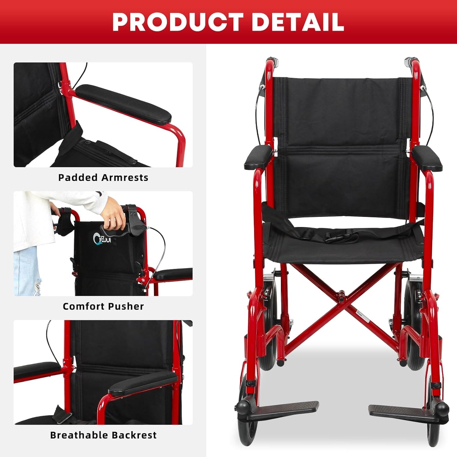 Wheelchairs for Adults, Transport Wheelchair with Gel Enhanced Seat Cushion, Handbrakes, 12" Universal Wheels, Lightweight Foldable Walkers for Seniors Adults (Red) - Image 6