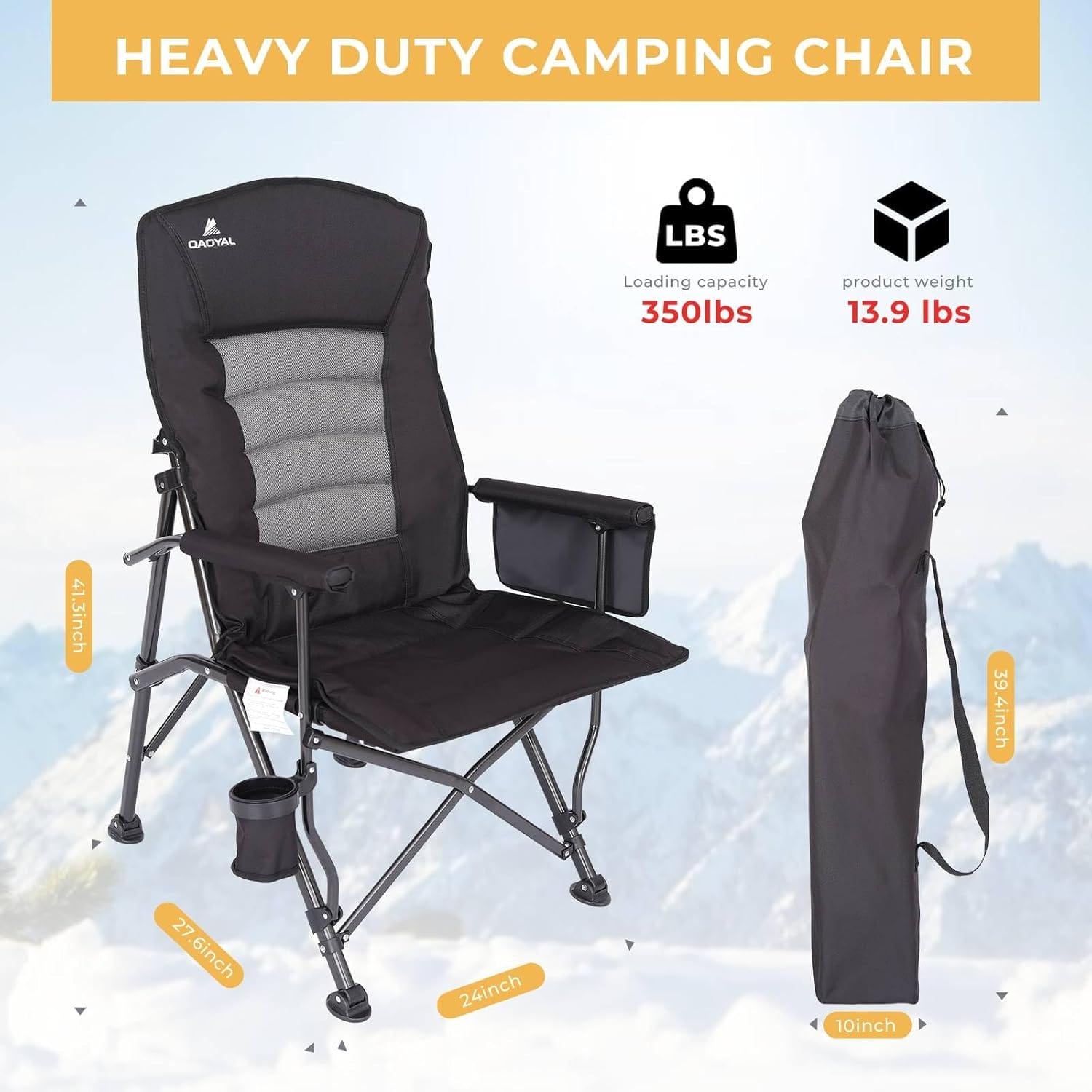 Camping Chairs for Adults, Adjustable Backrest Heavy Duty Oversized Folding Chair Supports 350lbs for Outside with Cup Holder&Side Pocket, Outdoor Folding Camp Chair Beach Chair with High Back (Black) - Image 3