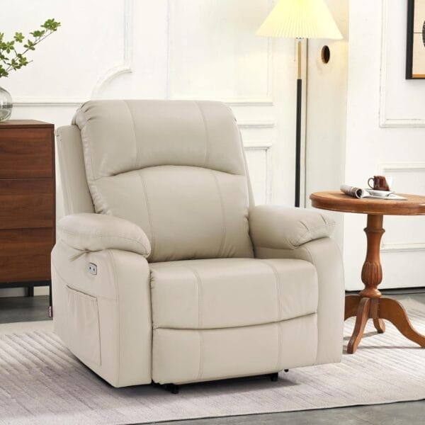 MCombo Small-Wide Power Lift Recliner Chair with Massage and Heat for Petite Elderly People, 3 Positions, 2 Side Pockets, USB Ports, Faux Leather R7410 (Beige, Small-Wide) - Image 2