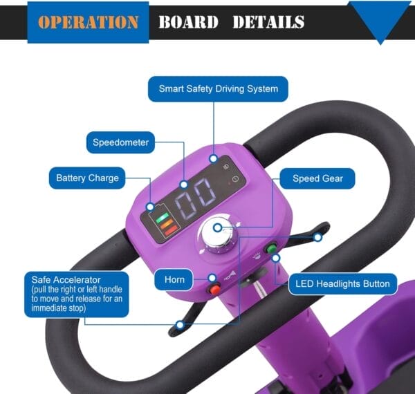 Foldable Mobility Scooter for Adults & Senior, 4 Wheels Powered Device for Travel, Lightweight and Portable, with LED Strip Light, Storage Bag, Charger Included, No Assemble Required (Purple) - Image 2