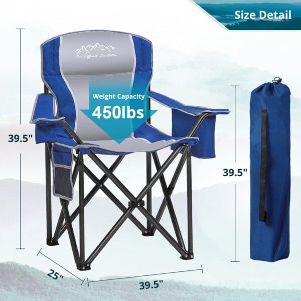 Folding Camping Chair, Heavy Duty Portable Lawn Chairs with Cooler Bag, Side Pocket & Cup Holder, Folding Chairs for Outside Support 450lbs Blue - Image 2