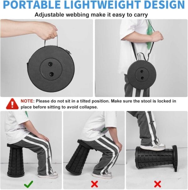 Collapsible Telescoping Portable Stool for Adults, Camping Stools, Upgraded Collapsible Folding Seats with Load Capacity 550lbs, Black - Image 5