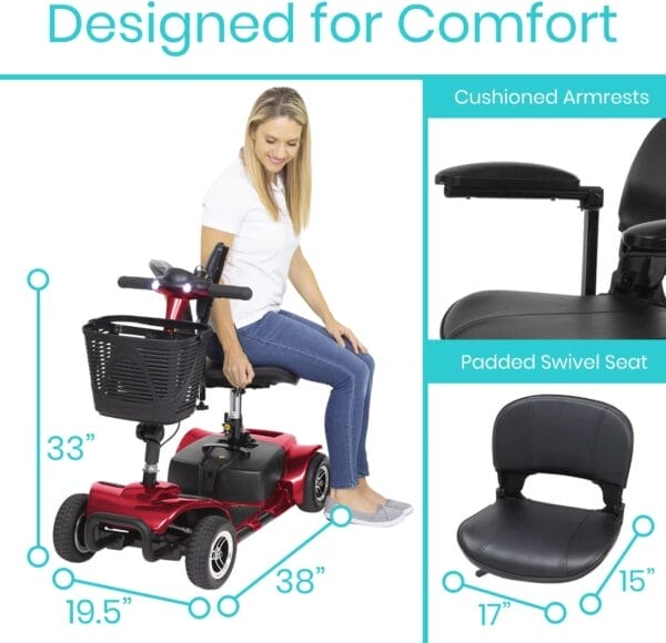 Vive 4 Wheel Mobility Scooter - Electric Powered Wheelchair Device - Compact Heavy Duty Mobile for Travel, Adults, Elderly - Long Range Power Extended Battery with Charger & Basket (FSA/HSA Eligible) - Image 4