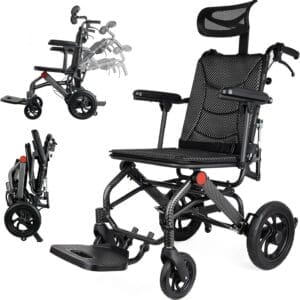 Super Lightweight Reclining Travel Wheelchair, Folding Transit Transport Wheelchairs for Adults and Seniors Support 220lbs, Lightweight Aluminum Wheelchair for Elderly
