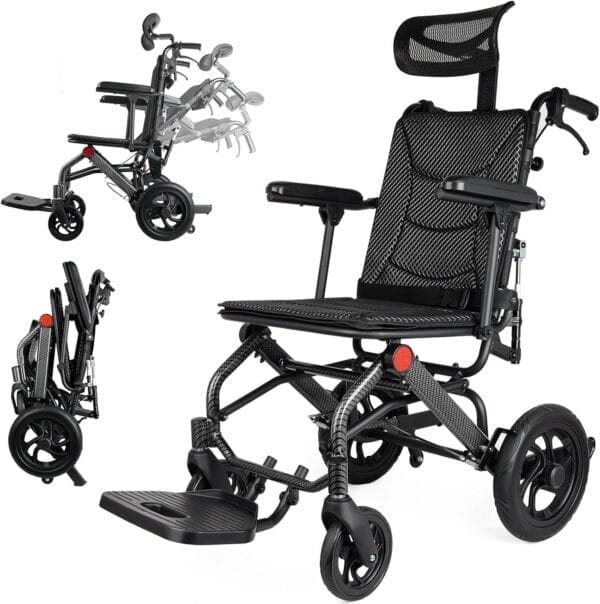 Super Lightweight Reclining Travel Wheelchair, Folding Transit Transport Wheelchairs for Adults and Seniors Support 220lbs, Lightweight Aluminum Wheelchair for Elderly
