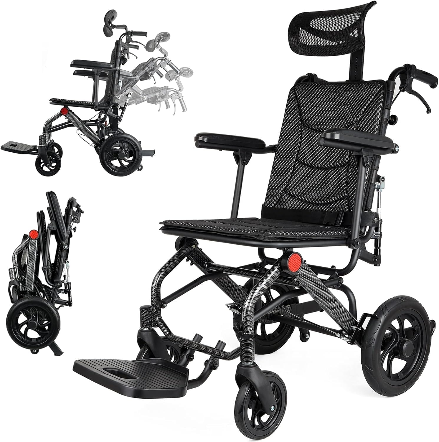 Super Lightweight Reclining Travel Wheelchair, Folding Transit Transport Wheelchairs for Adults and Seniors Support 220lbs, Lightweight Aluminum Wheelchair for Elderly